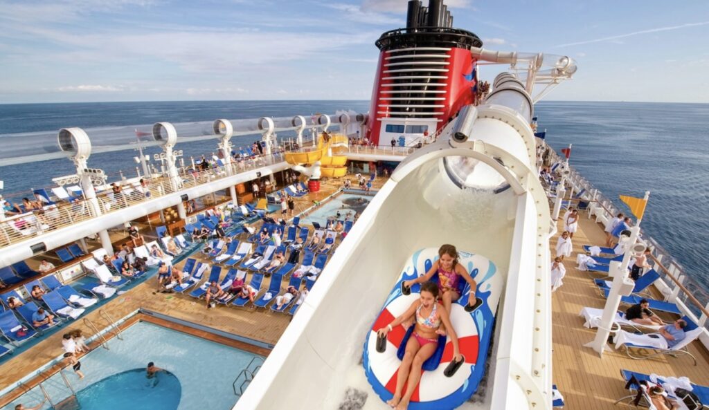 Disney Cruise ship AquaDuck waterslide with passengers