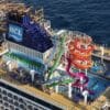 Aerial shot of Norwegian Cruise Line ship and Aqua Park one of the best cruise ship waterslides