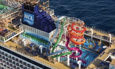 Aerial shot of Norwegian Cruise Line ship and Aqua Park one of the best cruise ship waterslides