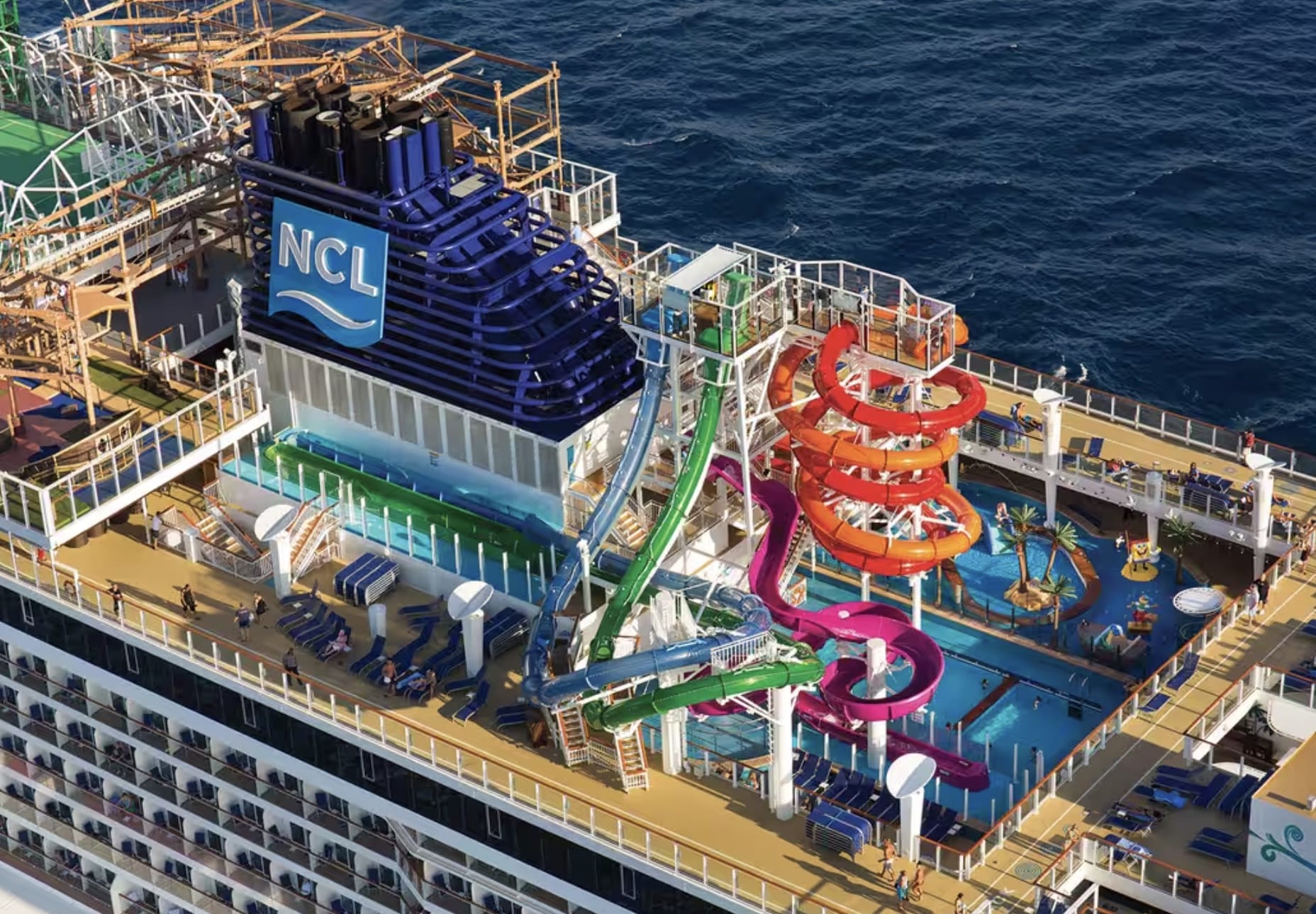 Aerial shot of Norwegian Cruise Line ship and Aqua Park one of the best cruise ship waterslides